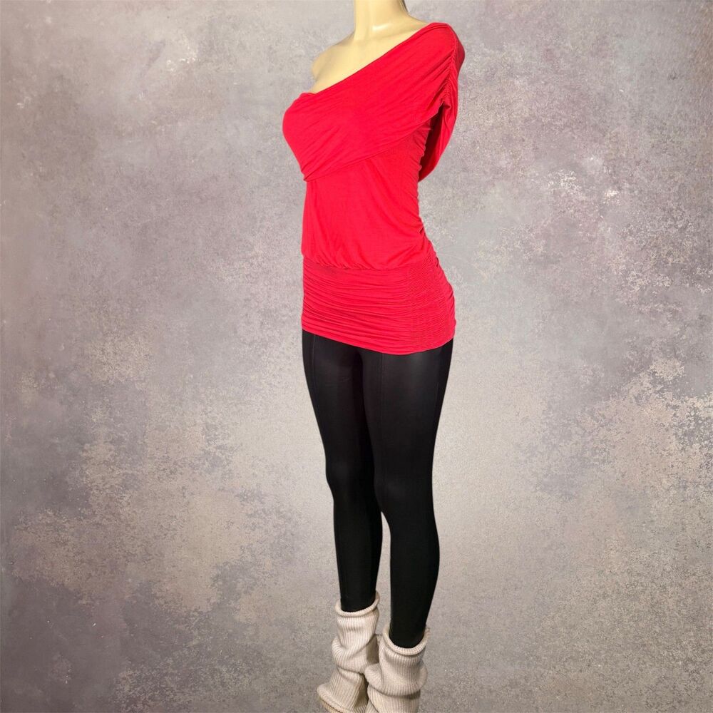Rubicon Bodycon Red M One Cold Asymmetrical Shoulder Gathered Top + Hip Y2K